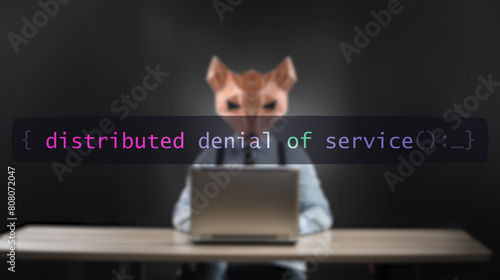 Cybersecurity concept distributed denial of service on foreground screen, hacker silhouette hidden with animal mask. Vulnerability ddof, code on editor screen. Text English photo