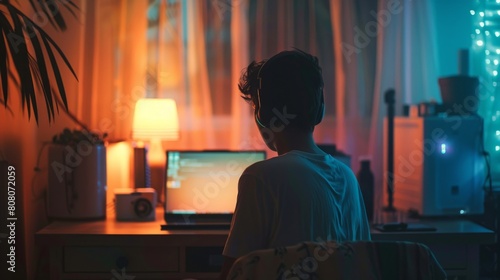 Young adult enjoying a serene evening with music in a cozy, dimly lit room