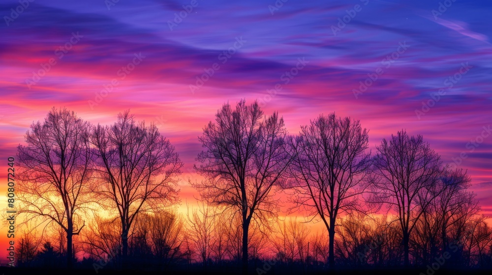 Silhouette of trees against a vibrant sunrise sky, nature awakening to a new day Silhouette of trees against a vibrant sunrise sky, nature awakening to a new day