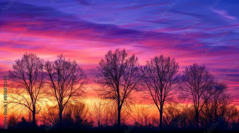 Silhouette of trees against a vibrant sunrise sky, nature awakening to a new day