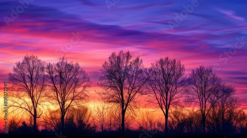 Silhouette of trees against a vibrant sunrise sky, nature awakening to a new day