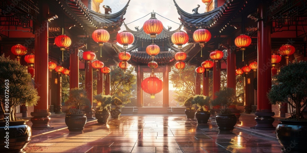 Chinese courtyard with red lanterns