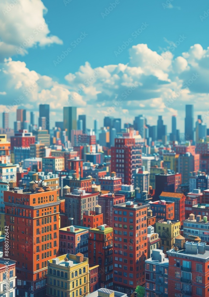 Cityscape with colorful buildings and blue sky