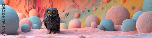 Black Owl Statuette in Vibrant Pastel D Clay Environment A Captivating Display of Art and Design