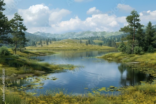 Tranquil mountain lake in valley with green hills and blue sky