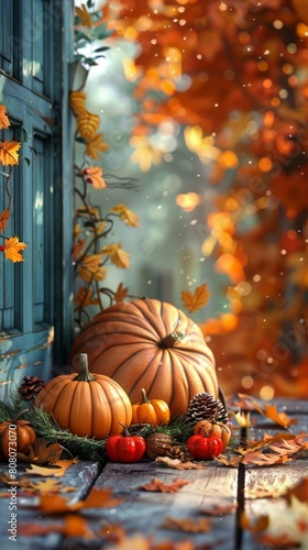 A beautiful fall scene with pumpkins and leaves