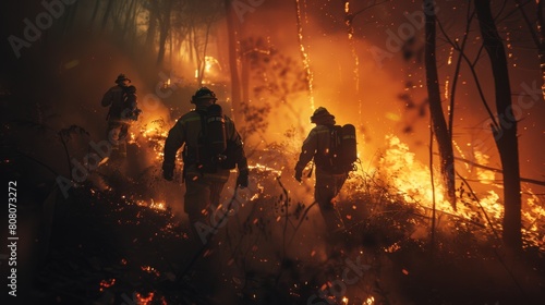 Firefighters battling flames in hazardous conditions, silhouetted against a backdrop of smoke and fire. photo