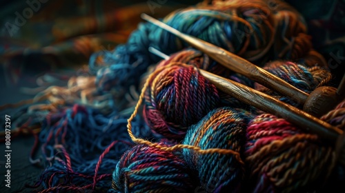 Vivid skeins of yarn and knitting needles create a textured art concept photo