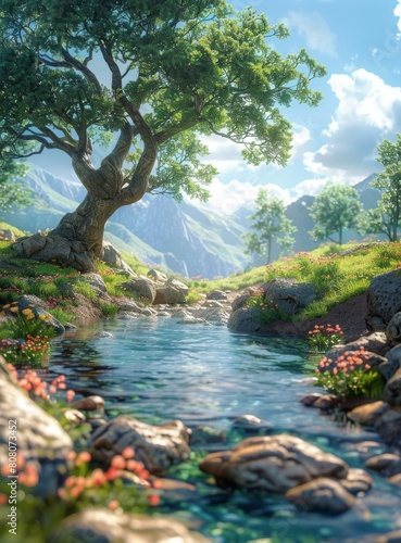 A beautiful landscape with a river, mountains, and a large tree