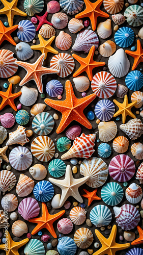 background of starfish and shells. multicolored colorful seashells and starfish. summer holiday vacation concept