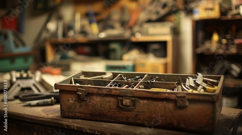 Vintage toolbox on a workbench filled with assorted tools in a workshop © Vilayat