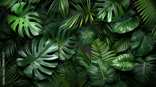A lush tropical leaf background with monstera  palm  and fern leaves.