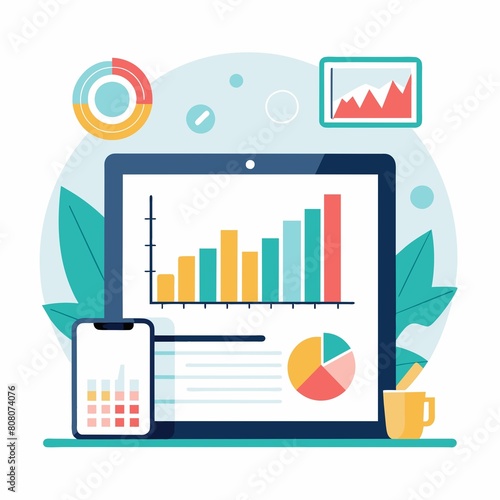 A tablet displaying a financial chart for business analysis, financial reports and business graph analysis, Simple and minimalist flat Illustration