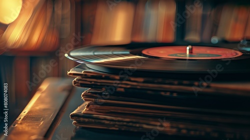 Stacked vintage vinyl records with a focus on the details of the grooves and label photo