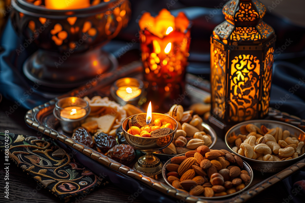 Traditional Islamic Feast Spread Featuring Nuts and Dried Fruits During a Festive Celebration Traditional Islamic Feast Spread Featuring Nuts and Dried Fruits During a Festive Celebration