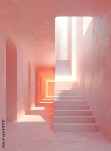 Pink corridor with stairs and arches