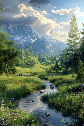 Tranquil Mountain Stream in Lush Green Valley