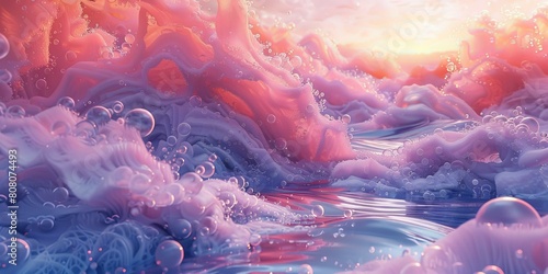 Pink and purple abstract waves with bubbles