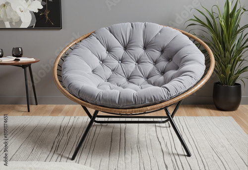 a gray woven wicker papasan chair isolated on a transparent background, generative ai photo