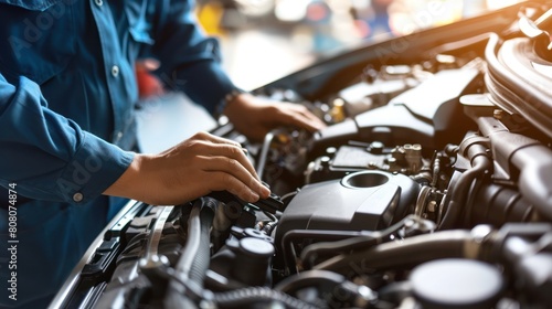 Car mechanic working on a car engine factory