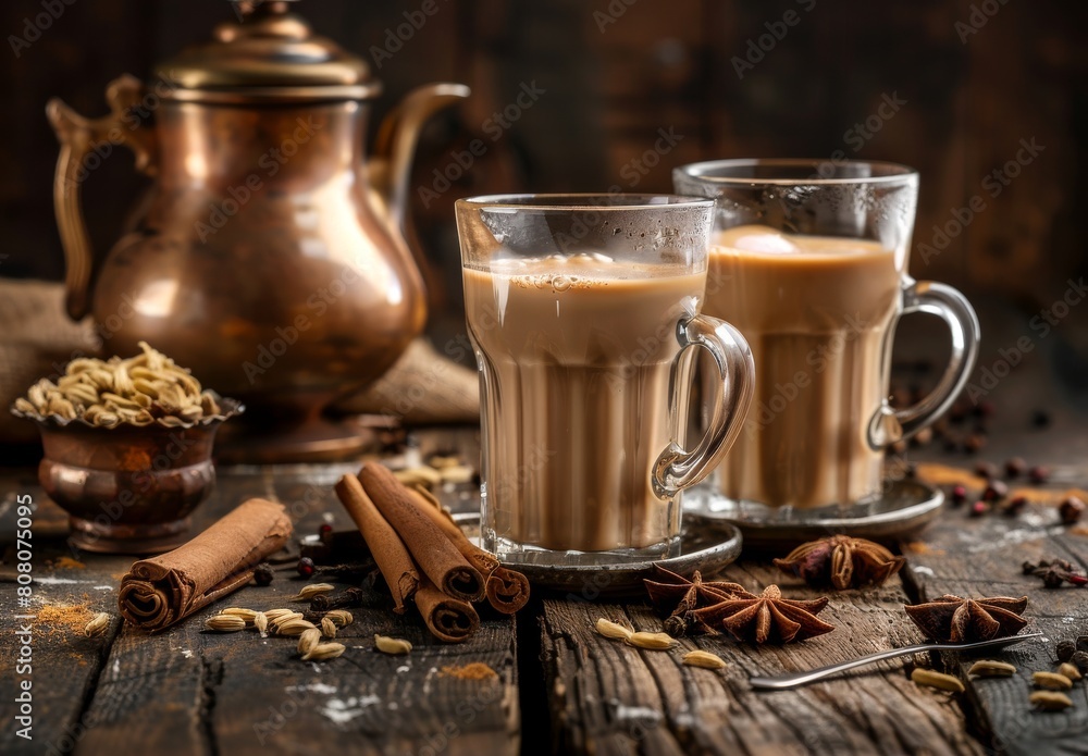 Indian masala chai served in traditional glasses with kettle, spices, and tea leaves on a dark, wooden background evoking cafe, retro, restaurant, vintage, ethnic, healthy, hotel vibes