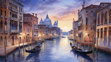 Design a watercolor background capturing the elegance of a Venetian canal in the early evening