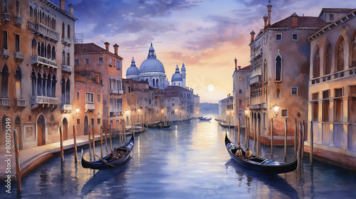 Design a watercolor background capturing the elegance of a Venetian canal in the early evening photo