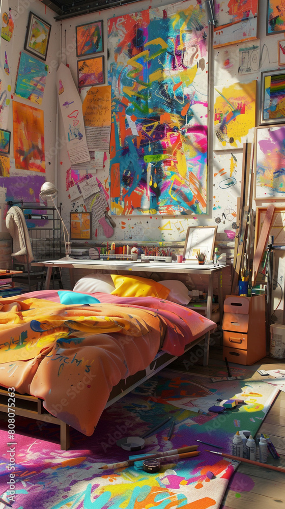 A vibrant, artist's loft bedroom, with walls covered in original paintings and sketches, a drafting table doubling as a desk, splashes of bright color everywhere, and a simple, 