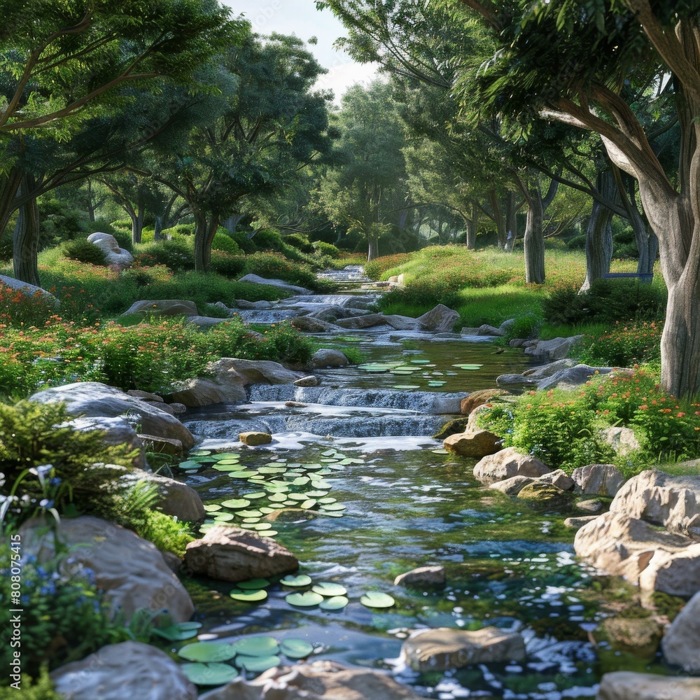 Small river flowing through a lush green forest with rocks and lily pads Small river flowing through a lush green forest with rocks and lily pads