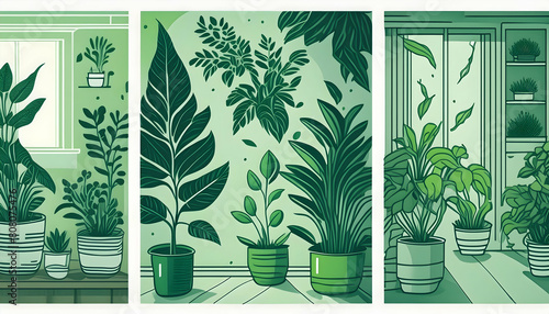 Abstact green color illustrations of house plants on digital art concept, Generative AI. © Watercolor_Concept