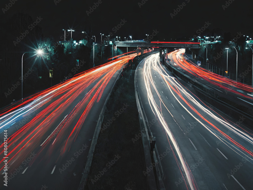 long exposure photography, cars, traffic, night top view.