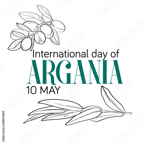 International day of argania celebration design with the argan oil. Hand drawing line Argan oil nuts with plant illustration. International Day of Argania celebration poster design