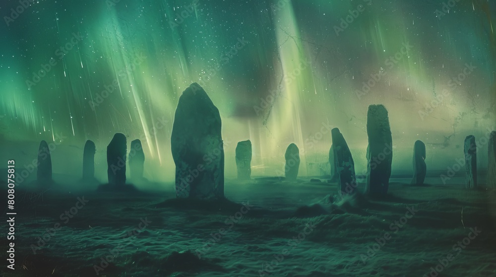 Mystical circle of ancient stones under the breathtaking aurora borealis