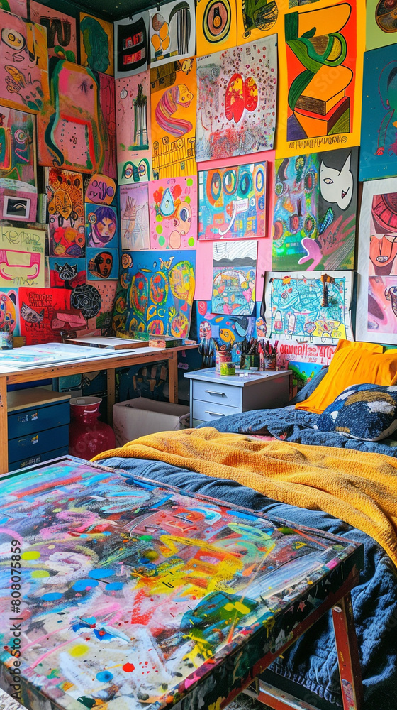 A vibrant, artist's loft bedroom, with walls covered in original paintings and sketches, a drafting table doubling as a desk, splashes of bright color everywhere, and a simple, 