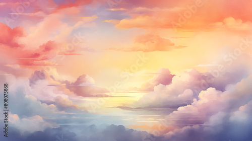 Design a watercolor background featuring a dreamy cloudscape at sunrise