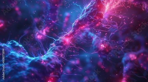 Neon blue and pink depiction of human neural circuits  designed for a modern medical textbook or lecture
