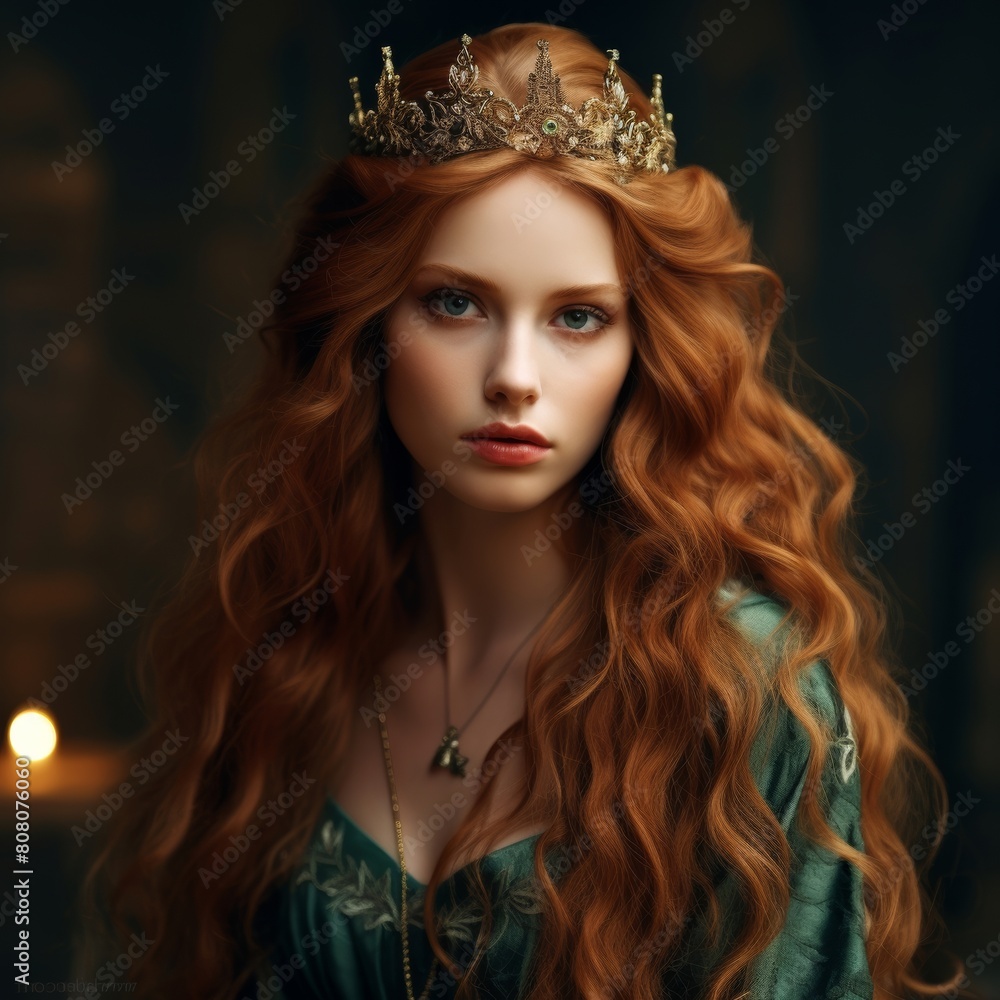beautiful woman, high cheekbones, angular face, long auburn red hair, gold diadem, green medieval clothes, princess