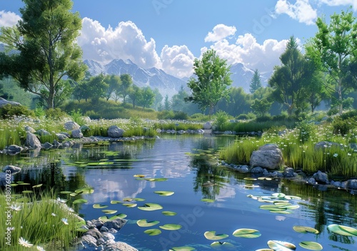 Tranquil mountain lake in a valley with trees and flowers
