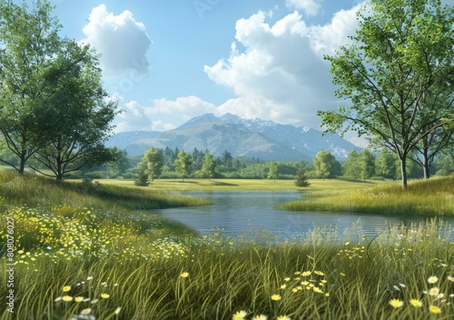 Tranquil mountain lake and blooming meadow