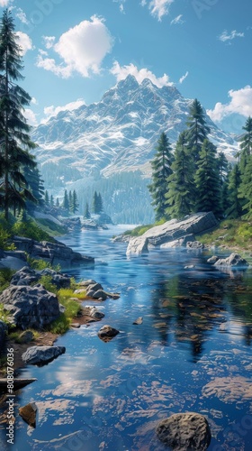 The crystal-clear river flows through the majestic mountains