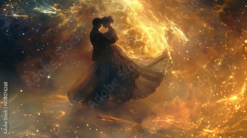 Romantic couple dancing in a majestic cosmic setting with stars