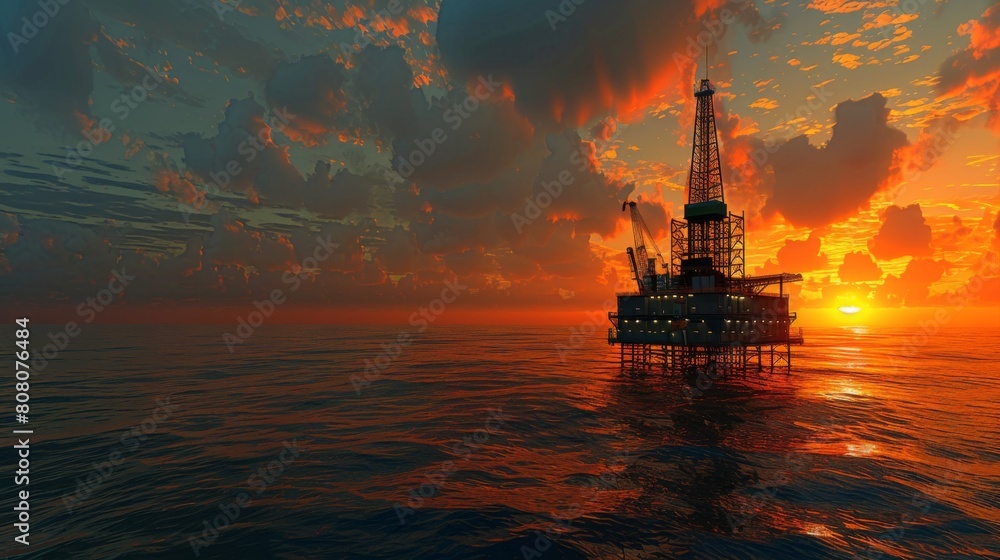 Sunset view of a drilling rig at sea, symbolizing the end of a day's hard work