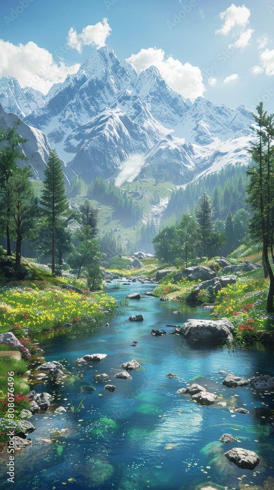 majestic mountains with river flowing through valley majestic mountains with river flowing through valley