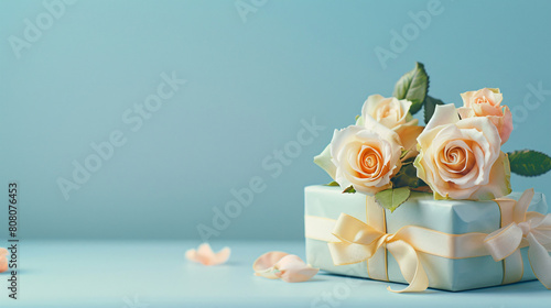 黄色いバラとプレゼントボックスのきれいな背景素材 16:9 photo