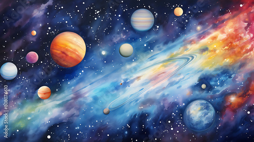 Design a watercolor background featuring a dreamlike representation of outer space, with planets, stars, and galaxies in vibrant colors