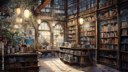 Design a watercolor background featuring an antique bookshop, with shelves overflowing with books and the cozy ambiance of a bygone era © Sunny