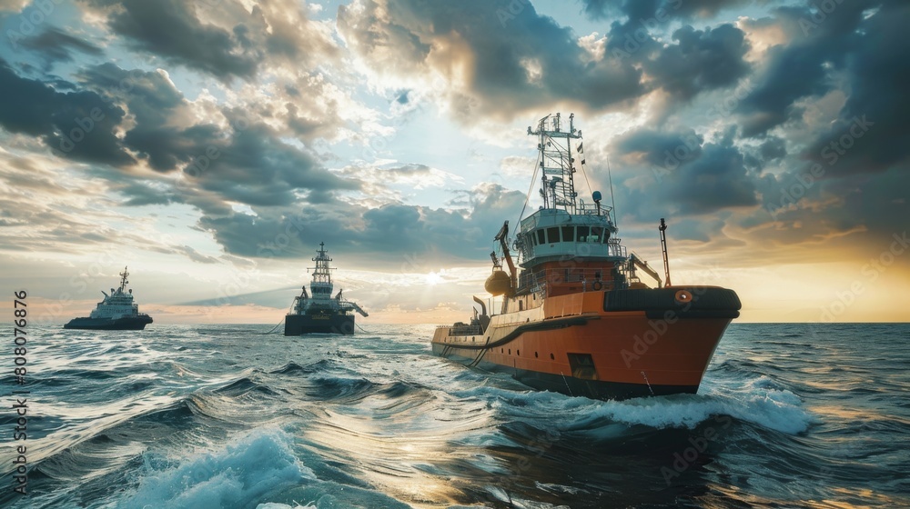 Obraz premium Supply vessels transporting goods to an offshore drilling site, supporting remote operations