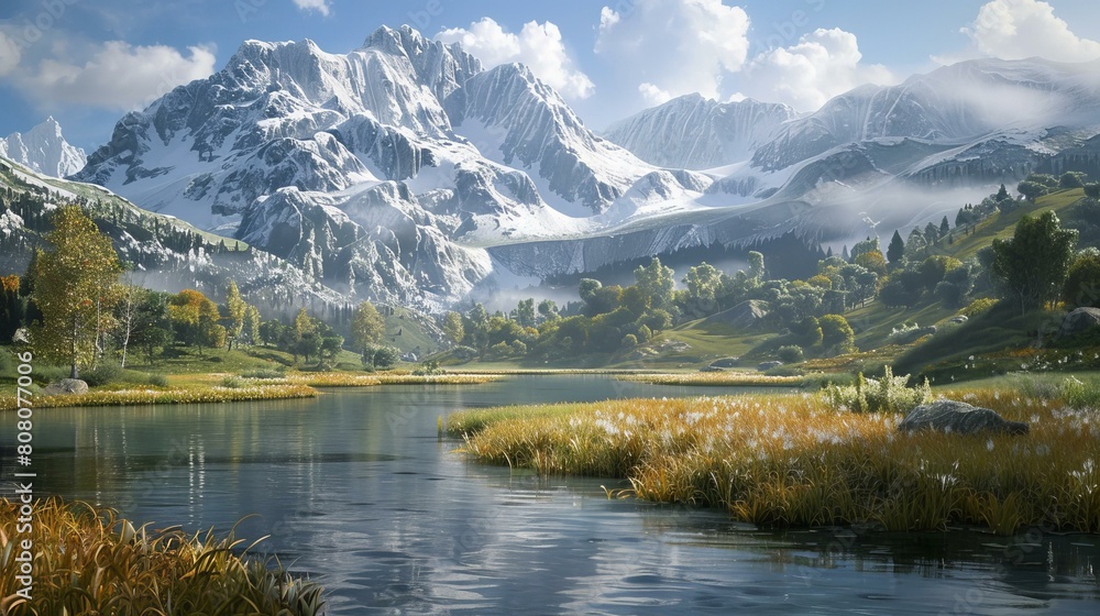Fantasy mountain landscape with lake