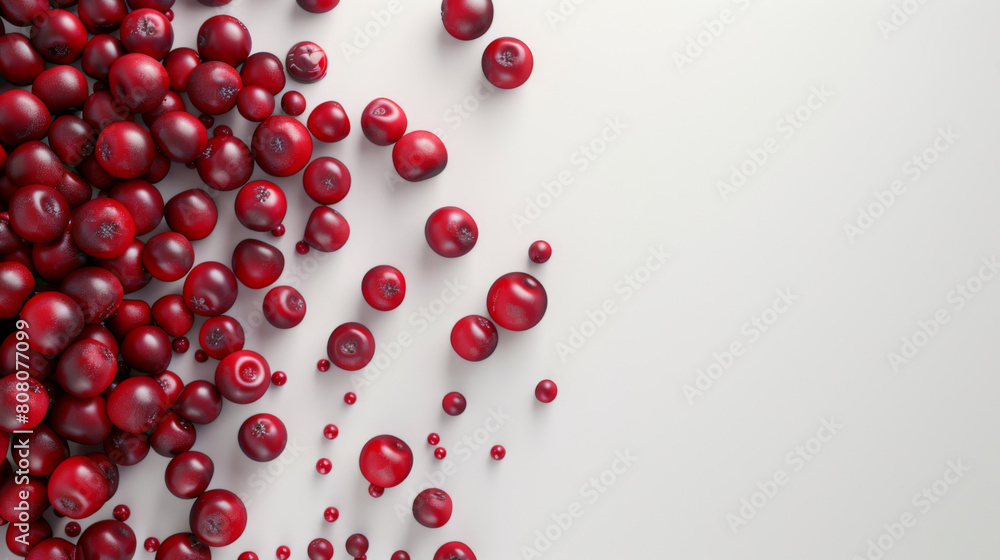 Vibrant red cranberries scattered across a pure white background, highlighting their fresh, glossy texture. Vibrant red cranberries scattered across a pure white background, highlighting their fresh, glossy texture.