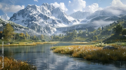 Fantasy mountain landscape with lake